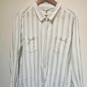 Lucky Brand Women’s White Blue Striped Button Up Lightweight Blouse Size XL